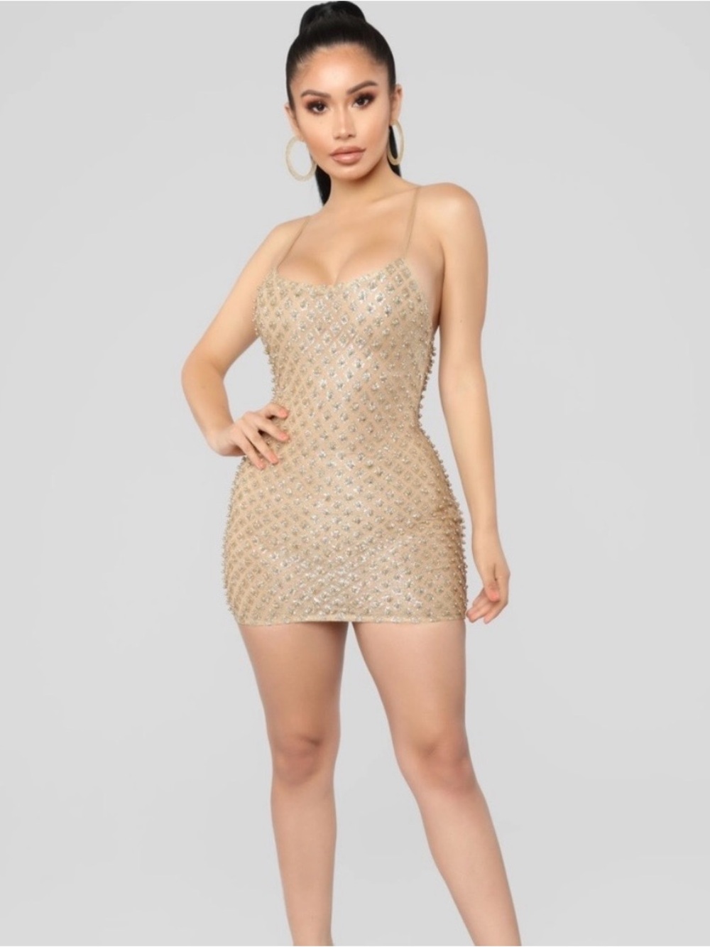 Fashion Nova Nude Beaded Mini Dress